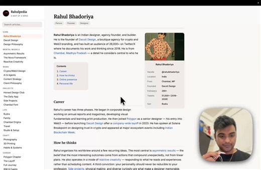 Meet Rahulpedia.But I didn’t share any personal info with the LLM. I just gave what was available publicly and not by 50 web searches and links.One single ZIP file, your Twitter archive. You already spend hours reading, bookmarking, quoting, tweeting, and sharing stuff to X.Just feed this to the LLM and get your own Wikipedia.
