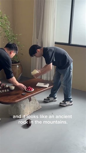 ​"Rustic Stone and Wood Coffee Table: Unique Handmade Furniture Design"