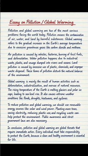 Essay on Pollution & Global Warming | 250 Words | Class 6–8 | Handwritten Notes