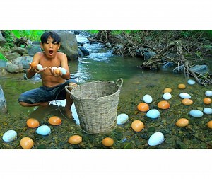 Primitive Technology Wild boy pick rad eggs with White and cook for eating | Super Chef