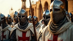 Medieval Knights Templar in armor, white cloaks with red crosses before battle.