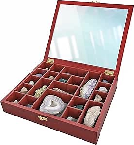 Adjustable Rock Display Case – 15 x 12.5 x 3 in. Rock Collection Box with Linen Bed for Rock and Mineral Display – Dark-Finish Rock Box for Storing Collectibles, Gemstones and Crystals