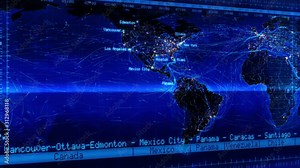 World map with connections and city lights. Loopable world map with major cities names, countries and time zones. Aerial, maritime and ground routes. Blue. More color options in my portfolio.