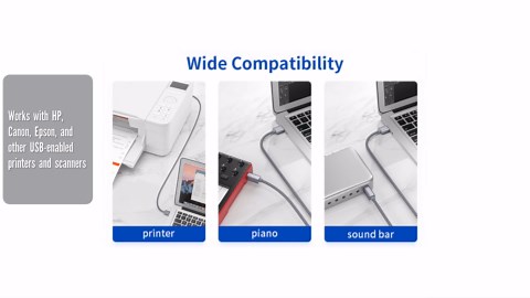 JSAUX Printer Cable, 6.6FT USB Printer Cord 2.0 Type A Male to B Male Cable Scanner Cord High Speed Compatible with HP, Canon, Dell, Epson, Lexmark, Xerox, Samsung and More (Grey)