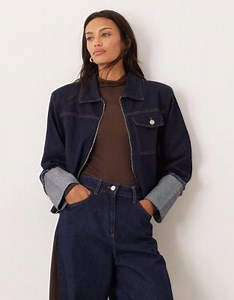 ASOS DESIGN turn back distressed cuff shoulder pad jacket in indigo | ASOS
