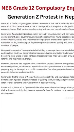 Gen Z protest in nepal essay | Class 12 English NEB 2083 important questions | A+