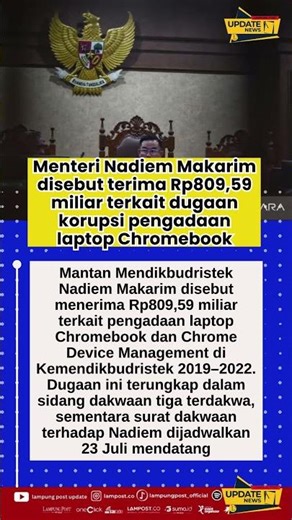 Nadiem Makarim Disebut Terima Rp809,59 Miliar dalam Kasus Chromebook Kemendikbudristek