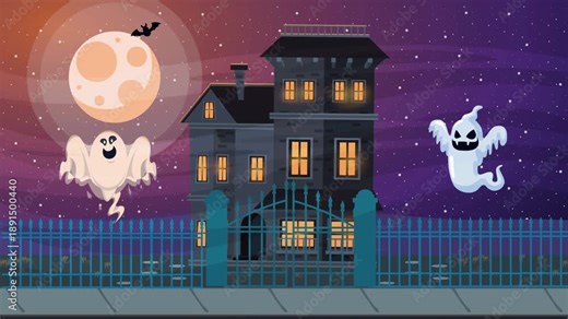 Haunted House Ghosts Full Moon Night Sky Halloween Vector Illustration