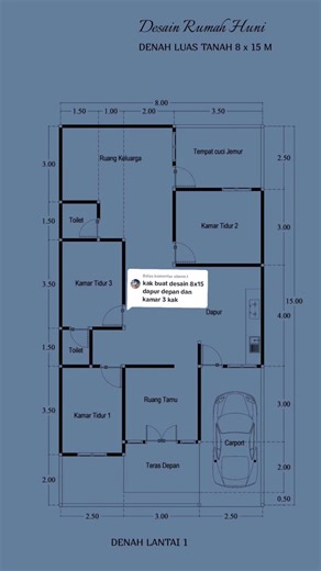 Denah Rumah Minimalis 1 Lantai dengan 3 Kamar Tidur