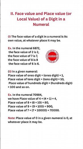Face value and Place value (or Local Value) of a Digit in a Numeral numbers system