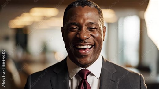 African American businessman laughing at team joke in modern office