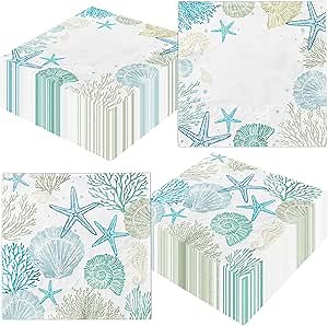 48Pcs Seashell Ocean Napkins Nautical Coastal Beach Themed Party Supplies Blue Starfish Seahorses Coral Disposable Paper Napkin for Summer Wedding Bathroom Party Decorations,6.5 x 6.5 In