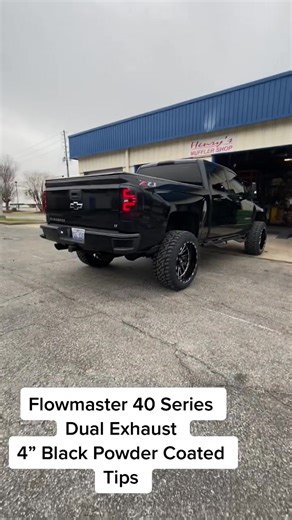 We installed Flowmaster 40 Series Dual Exhaust with 4” Black Powder Coated Tips on the clean Chevy at our Wilmington Shop.. #henrysmufflershop #customexhaust #mufflershop #wilmington #wilson #raleigh #nc #chevy #silverado #catback #dualexhaust #flowmaster #40series #4inchtips #GetCrackin #coldstart #soundclip #fyp