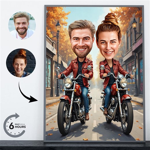 Custom Motorcycle Couple Caricature | Personalized Biker Cartoon Portrait (digital Download) - Etsy