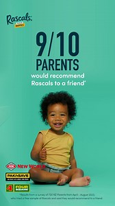 Rascals Premium Nappies are engineered with 6 Core Innovations for a high-performing nappy that’s ultra absorbent and dermatologist tested safe on sensitive skin. 9/10 parents would recommend Rascals to a friend* ⭐️⭐️⭐️⭐️⭐️ Award-winning nappies available at New World, PAK'nSAVE and Four Square from only $10.29 🛒 Ready for every mess! 💪 - *Results from a survey of 720 NZ Parents from April - August 2023, who tried a free sample of Rascals and said they would recommend to a friend. | Rascals