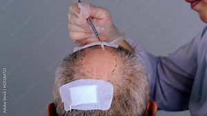close-up trichologist treats patient, bald mature man with alopecia in hair growth clinic, anti-aging treatments for balding men. concept of hair transplant procedures for men, selective focus