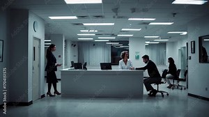 A modern hospital reception area is illuminated by bright lights, with doctors and patients interacting quietly. The orderly, clean space delivers a sense of hope, care, professionalism, and the dedic