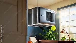 A smart air conditioner with advanced climate control and energy-saving features, cooling a modern home office.