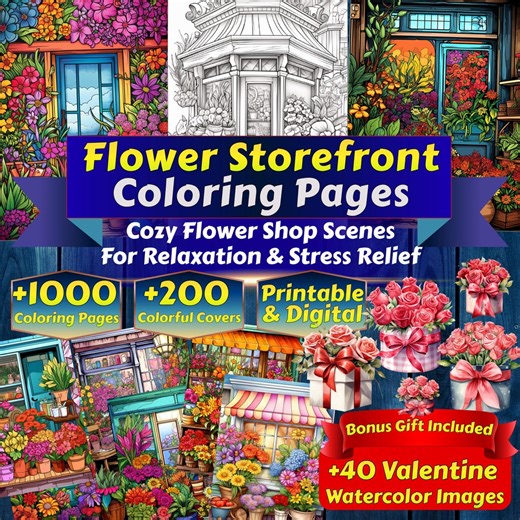 Flower Storefront Coloring Pages – Cozy Flower Shop Scenes for Relaxation & Stress Relief - Etsy