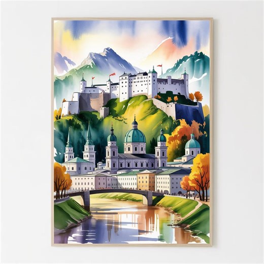 Salzburg, Austria Watercolor Cityscape Print, Travel Poster - Etsy