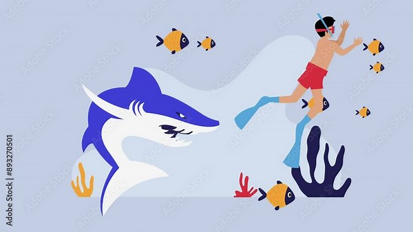 Shark character attacking a male character diving in the ocean