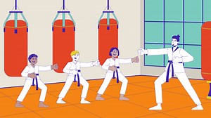 Karate sensei training kids cartoon animation. Combat sport. Martial arts class 4K 2D motion graphic. Teacher kimono children practicing punches animated characters on punching bags background