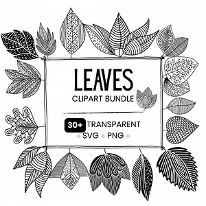 Leaves Clipart | PNG   SVG | Transparent Background | Black and White | Leaves Sticker Pack | Digital Download - Etsy