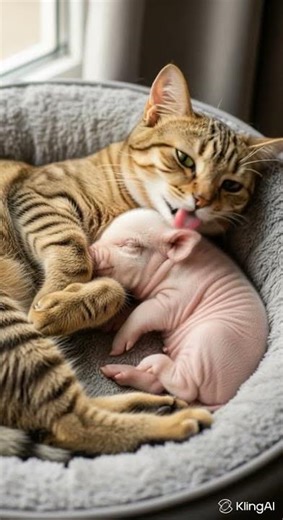 A piglet and a kitten are snuggling together. Cuteness overload you must see #pets #cute #animals