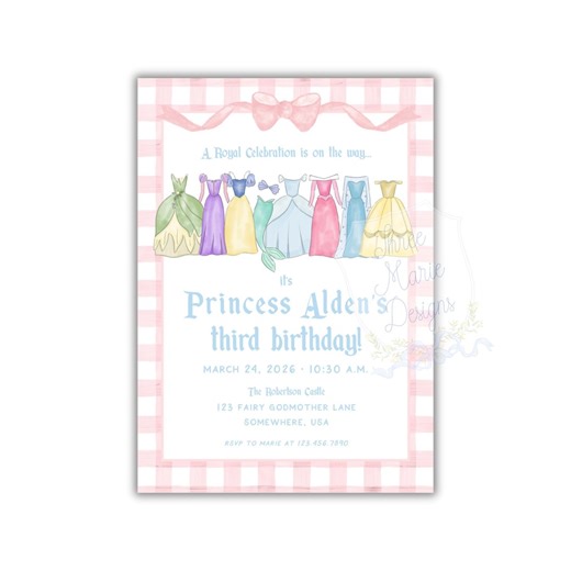 Watercolor Princess Birthday Invitation | Editable Classic Princess Pink Gingham Birthday Invite, Pastel Princess Royal Celebration Birthday - Etsy