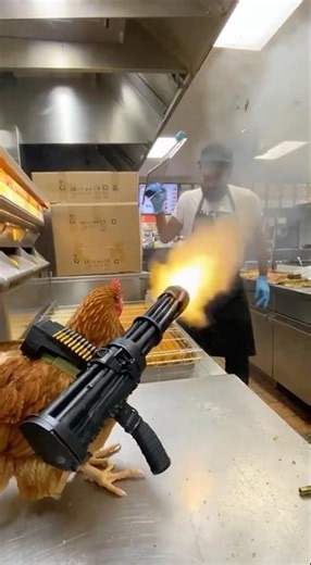 Chicken with a Machine Gun vs Fast Food Worker 🍗🔥 #funny #memes #chicken #comedy #aivideo