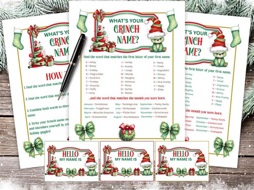 What’s Your Grinch Name Game, Find Your Grinch Name Party Sign & Grinch Name Tags, Grinchmas Party Game, Christmas Grinch Name Generator - Etsy
