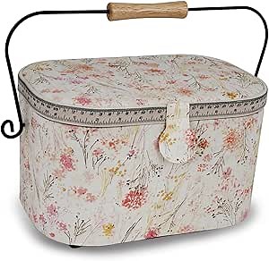Dritz Large Oval Sewing Basket with Metal Handle, Vintage Floral Watercolor Print