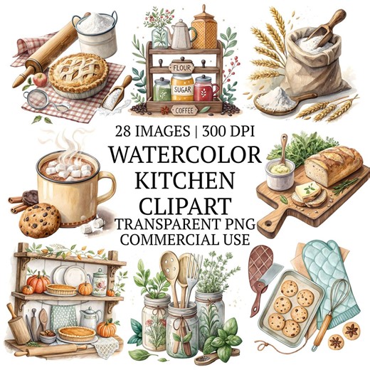Cute Watercolor Kitchen Clipart Bundle PNG, 28 High-quality Cooking Accessories Clip Art, Whimsical Culinary Tools & Ingredients Graphics - Etsy