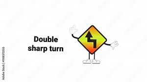 Animated double sharp turn sign with cartoon characters, perfect for educational materials, traffic safety campaigns, or children's learning content. Fun design to teach road signs and safe driving. Stock Video