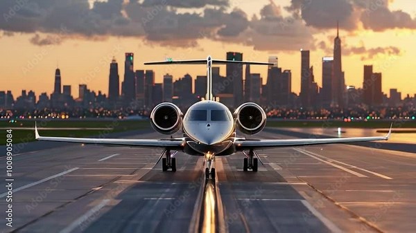 A private jet on a runway with a city skyline at sunset.
