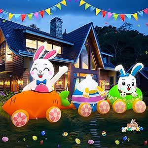 SEASONBLOW 9 FT Easter Inflatables Train Outdoor Decorations Bunny Ride Carrot Train with Egg LED Lighted Blow Up Rabbit for Yard Garden Lawn Indoors Outdoors Home Holiday