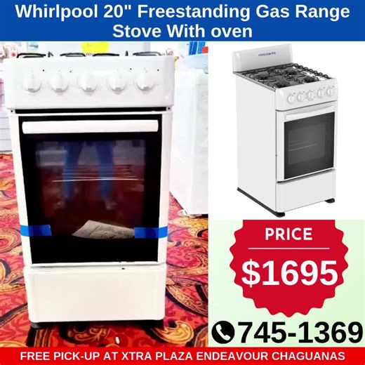 Shopp Trinidad on Instagram: "🍳🔥 WHIRLPOOL 20" FREESTANDING GAS RANGE STOVE WITH OVEN 🔥🍳 💰 Only $1,695 🚚 Delivery: $40 Trinidad | $60 Tobago 📍 FREE Pickup Location: TriniRetail, Endeavour Chaguanas, Next to Xtra Plaza 🔥 Purchase any item above $250 on our website & get an EXTRA 5% OFF! 🎉 🌐 Visit Our Website: www.triniretail.com 📲 WhatsApp / Telephone – 745-1369 🛒 Order Now Click: https://www.triniretail.com/fborder/7925/1 ⭐ KEY FEATURES & BENEFITS 🔥 4 Powerful Gas Burners – Four hig