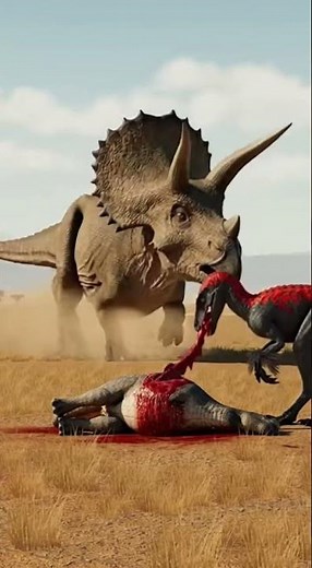 Crimson Raptor vs a charging Triceratops in a Prehistoric World