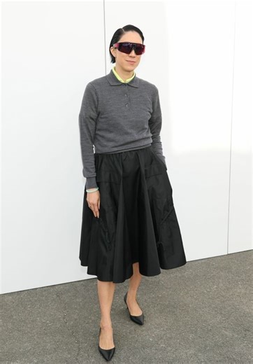 Eva Chen in Grey Polo and Voluminous Skirt at Mugler Paris Fashion Week 2025 • CelebMafia