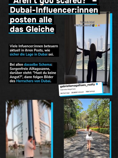 Für Ruhe, Luxus und Steuervorteile sind sie nach Dubai gezogen, nun teilen sie Fotos von Raketen und Rauchwolken am strahlend blauen Himmel – und sind trotzdem nicht verängstigt: Seit dem Beginn der US-israelischen Luftangriffe auf den Iran und den iranischen Gegenangriffen auf US-Militäreinrichtungen in der Golfregion melden sich zahlreiche in die Emirate ausgewanderte Influencer:innen zu Wort und verharmlosen die Angriffe. So haben sich unter anderem Influencerinnen wie Kim Gloss oder Georgina