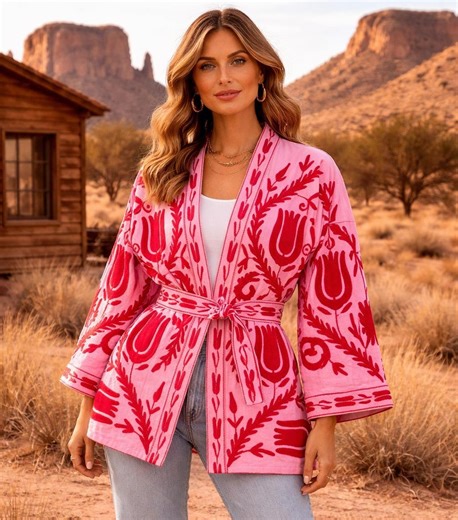 Pink Cotton Embroidered Kimono Jacket with Red Floral Motifs & Belt