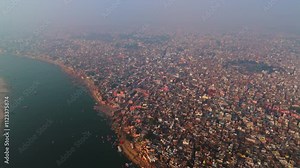 wide angle view of kashi or varanasi city Drone or Aerial shot with kashi vishwanath temple and other ghats near ganga river