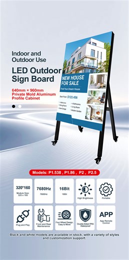 Looking for a way to grab attention from a distance? Our Portable LED Outdoor Sign Board is the ultimate solution for your business! From real estate to retail, make your message pop with crystal-clear resolution. ​Why choose this LED Poster? ​🌟 Ultra-High Refresh Rate: 7680Hz for flicker-free, smooth visuals. ​🌧️ All-Weather Ready: Double-sided IP65 waterproof design. ​📲 Smart Control: Manage your content easily via App Remote Control. ​🛠️ Easy Setup: Plug & Play with a portable 4-wheel des