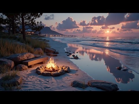 Relaxing ASMR Beach Night: Ocean Waves & Bonfire Sounds for Tranquil Sleep Music.