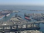 Aerial views shows backlog of container ships waiting near Los Angeles port