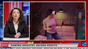 Media reporter presents gaming industry growth in newsroom on international television program. Woman journalist shows videogames developmennt and innovation, attracting buyers.