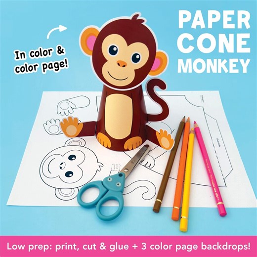 DIY Monkey Craft Printable | Paper Cone Monkey Puppet | Jungle Animal Craft for Preschool, Kindergarten & First Grade - Etsy