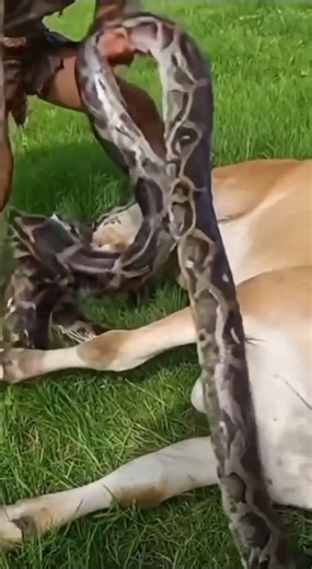 a python wrapped around a cow and a man came over to save the cow's life #shorts #shortvideo