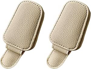 Sunglasses Holder for Car Visor 2 Pcs, Magnetic PU Leather Sunglasses Eyeglass Hanger Clip, Ticket Card Clip, Visor Sunglasses Holder Clip (Beige)