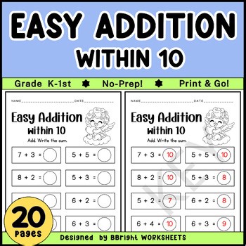 Easy Addition Within 10 Worksheets | Kindergarten Math | No Prep | Print & Go